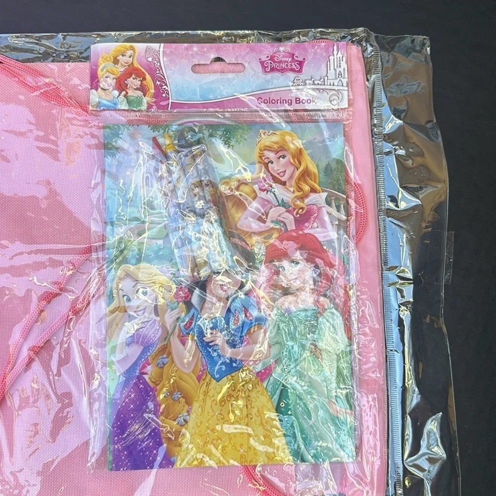 New Disney Princess Hot Pink Drawstring Bag With Coloring Book